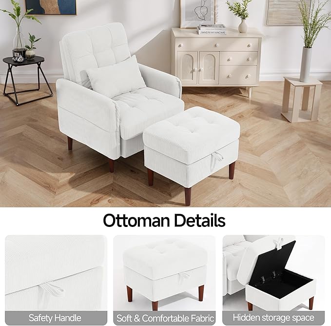 Lumibee Accent Chair with Storage Ottoman, Upholstered Comfy Reading Chair with Adjustable Reclining Backrest, Corduroy Fabric Lounge Chair Armchair for Living Room Bedroom, Set of 2, White