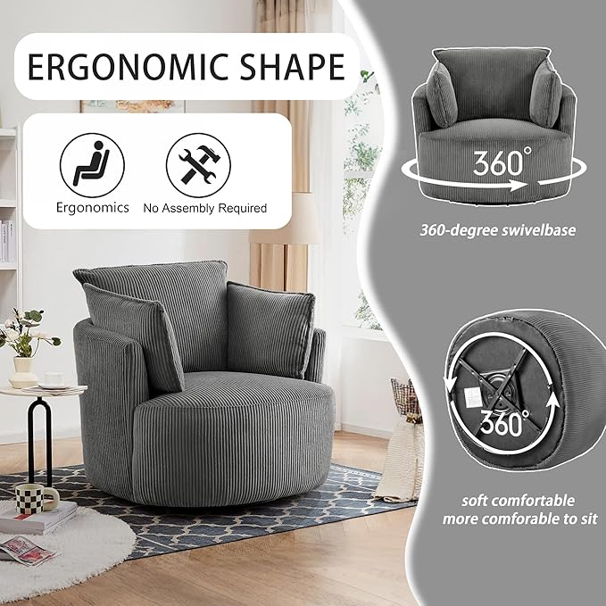 Chorlenimi Swivel Accent Chair Round Barrel Armchair Upholstered Living Room Chair Corduroy Reading Chair Single Sofa Chair for Bedroom Apartment Office (Grey, Standard 1Seater)