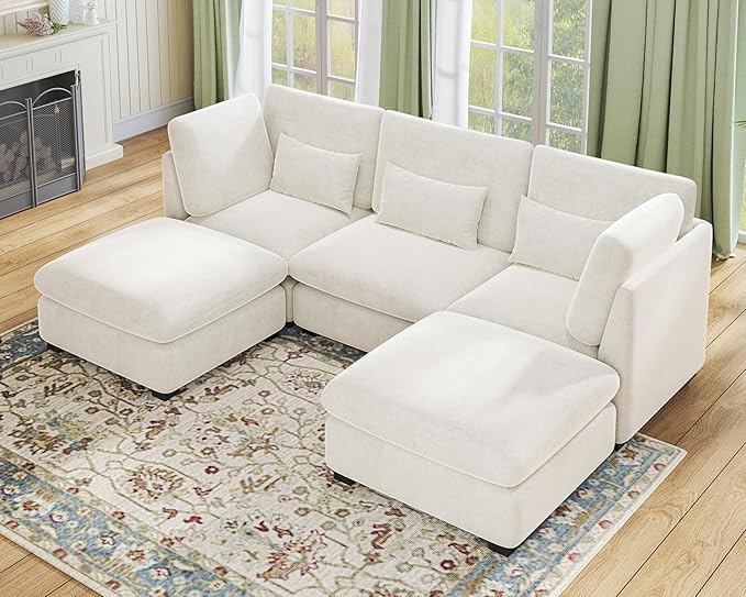 Oversized Modular Sofa, Extra Deep Cloud Chenille Sectional Couch with Ottoman Chaise, Fluffy Chenille 5 Seater Sofa Bed for Living Room, Villa (U Shape 5 Seater, Chenille White)