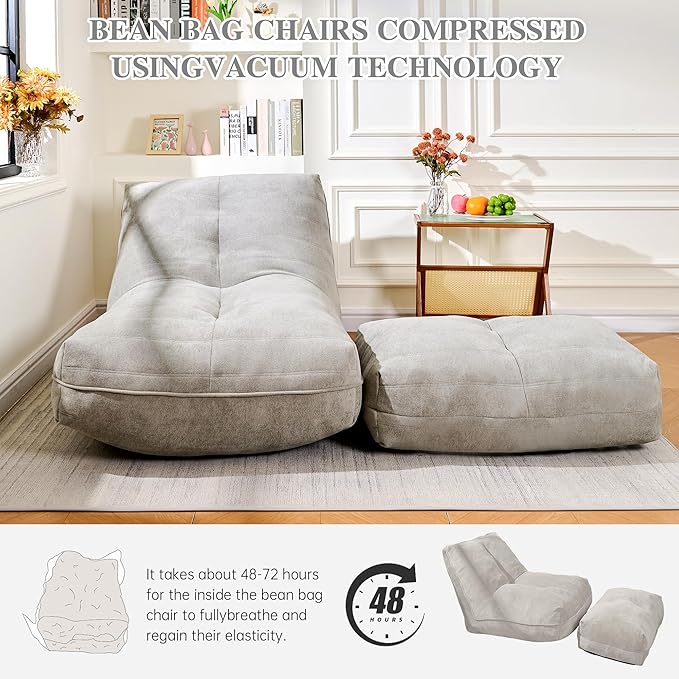 Cvortll Bean Bag Chair with Ottoman, Comfy Bean Bag Sofa with Memory Foam, Lazy BeanBag Sofa with Footstool, Fireside Bean Bag Couch for Living Room, Bedroom, Apartment (Gray)