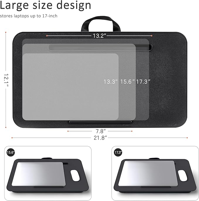 Millhome Lap Desk | Portable Laptop Desk – Fits Up to 17.3" Laptops – Washable Cushion, Adjustable Strap, Phone Holder – Ideal for Short Road Trips or Writing, Working, Reading on Bed, Couch – Black