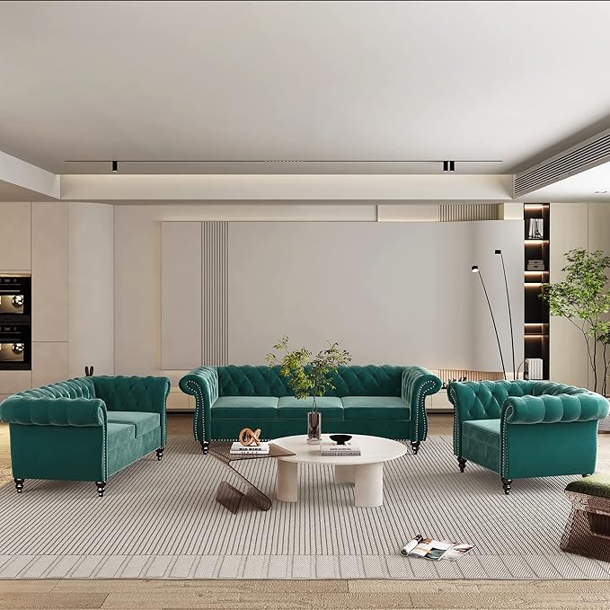 QHITTY Accent Sofa, Chesterfield Loveseat Modern Velvet Couch Upholstered Sofa with Tufted Back for Living Room Furniture (Green)