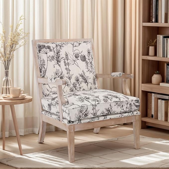 DM Furniture Floral Accent Chair Mid-Century Modern Living Room Chairs Upholstered Fabric Reading Chair Lounge Armchair with Solid Wood Frame & Removable Cushion for Bedroom, Balcony, Floral Pattern