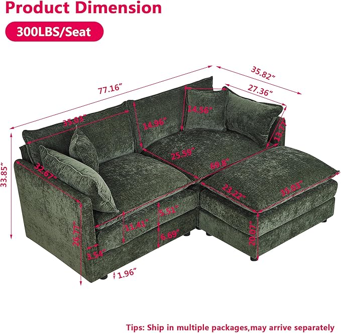 Aoowow Modular Sectional Sofa Modern Convertible Loveseat Couch,77.16 Inch Deep 2-Seater Sofas Comfy Chenille Cloud Sofas and Couches Set with Movable Ottoman for Living Room Apartment（Green）