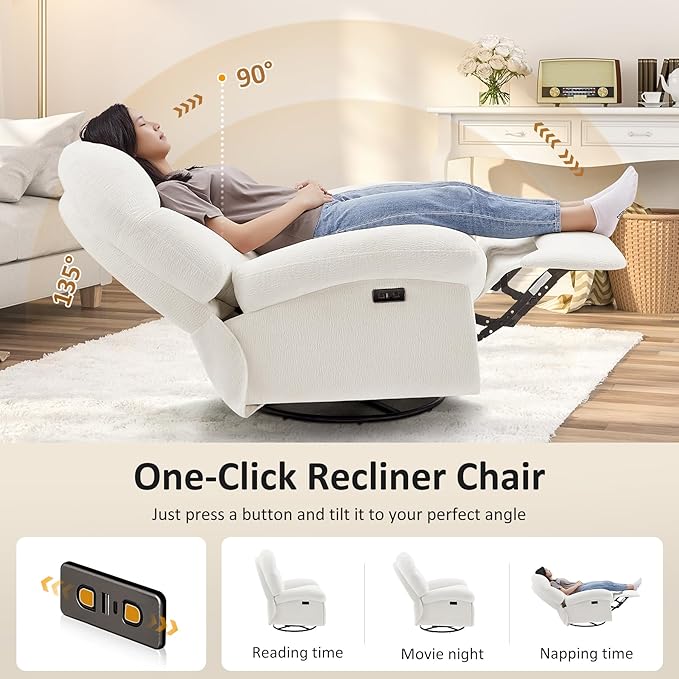 VANOMi Power Recliner Chair with Charging, 270° Swivel Glider Rocker, Electric Nursery Recliner for Living Room, Bedroom, and Office, White, Sets of 2