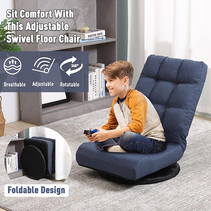 360° Swivel Floor Chair with 6-Position Backrest & Lumbar Support - Heavy Duty Folding Game Rocker for 300lbs, Multipurpose Gaming Chair for TV, Reading & Video Games, Blue