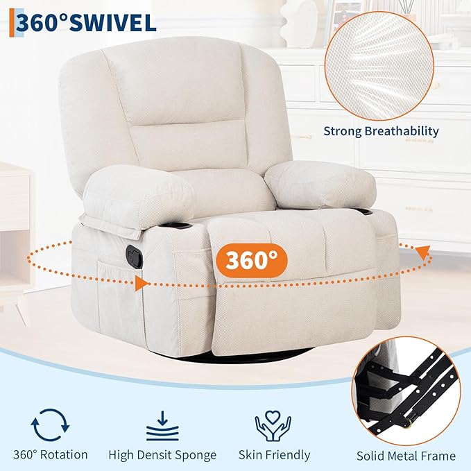 Rocker Recliner Chairs for Adults w/Vibration Massage and Heating,360° Swivel Rocker Glider Recliner,Extra Wide Manual Lazy Chair,Chenille Fabric Sofa Chair for Living Room,Bedroom,White