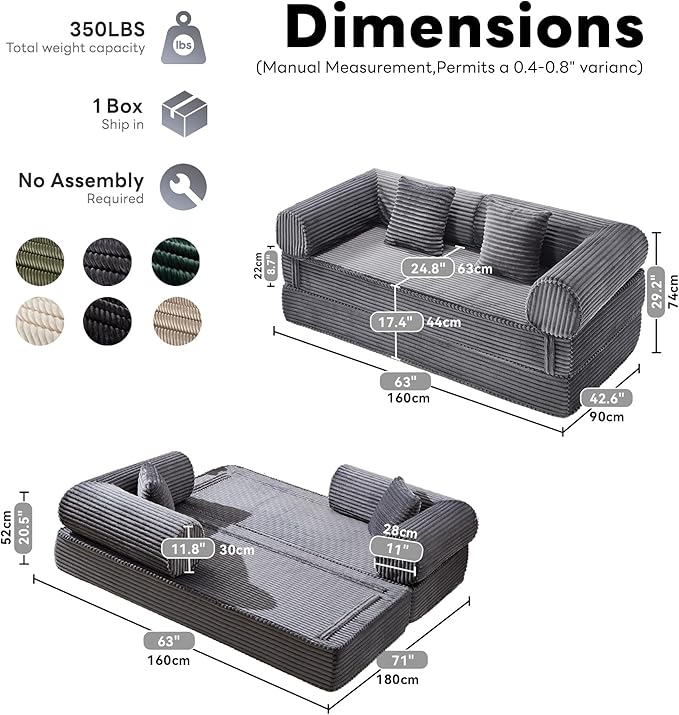 Tbfit 63'' Folding Boneless Couch, Convertible Loveseat Sofa Bed, Corduroy Futon Mattress Sleeper Sofa, Comfy Foldable Upholstered Floor Couches for Living Room, Gray