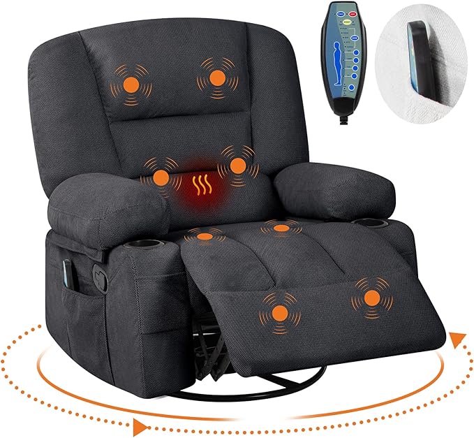 Rocker Recliner Chairs for Adults w/Vibration Massage and Heating,360° Swivel Rocker Glider Recliner,Extra Wide Manual Lazy Chair,Chenille Fabric Sofa Chair for Living Room,Bedroom,Black