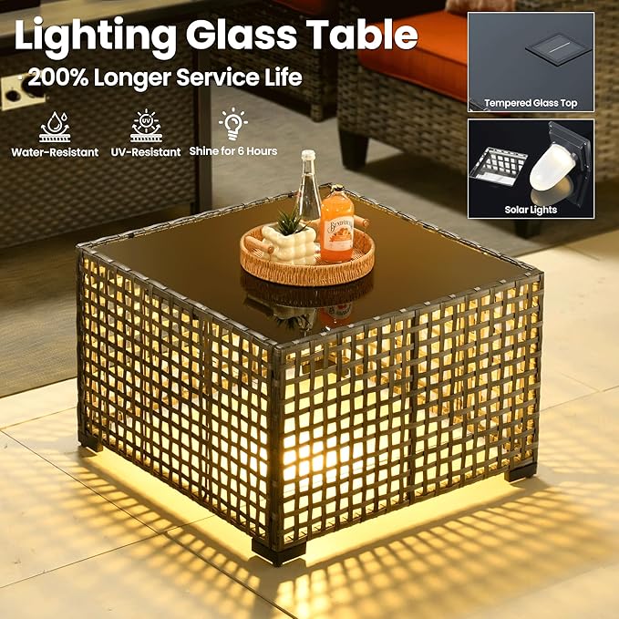 ovios 9 Pieces Patio Furniture Set, Outdoor Wicker Sofa Couch with Rocking Swivel Chairs Solar Lights Table, Modern Deep Seat Rattan Conversation Sets for Deck Porch, Orange Red