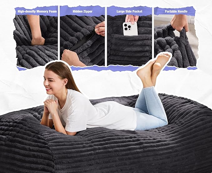 Hobestluk 5FT Bean Bag Chairs Adult Bean Bag with Portable Handle Comfy Large Bean Bag Lounge Chair with Removable Cover for Living Room Bedroom (Stripe Dark Grey, 5FT)