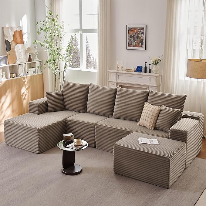 Lakifun 135" L-Shape Sofa with Ottoman, Modern Modular Sectional Comfy U-Shape Cloud Couch, Deep Seat, Upholstered Corduroy Sleeper Chaise Longue for Living Room Bedroom, No Assembly Required, Camel