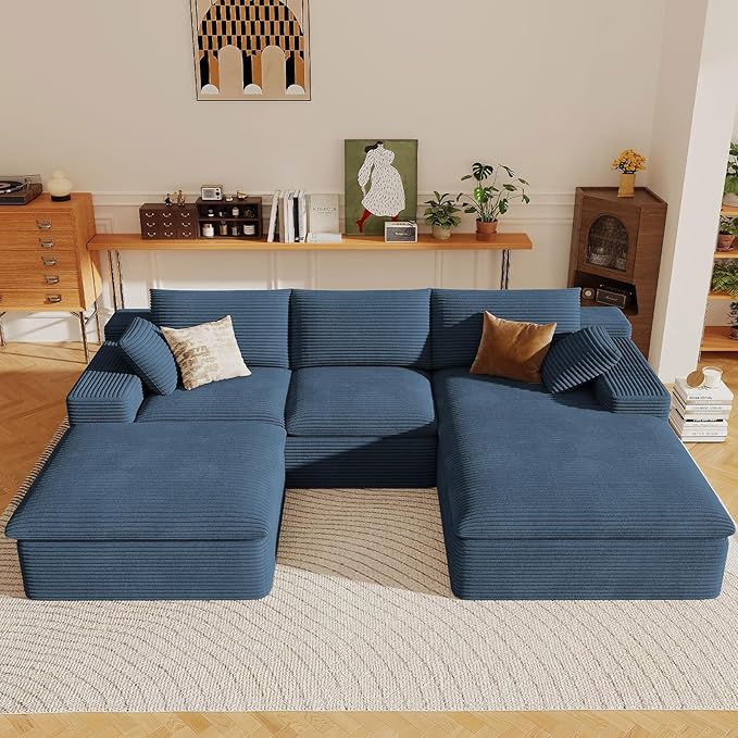 107" Cloud Sectional Couch with U-Shaped Chaise,Viral Corduroy Boneless Sofa with Ottoman,Memory Foam Couches in a Box with Deep Seat for Living Room,No Assembly Required (Blue,Right-Facing Chaise)