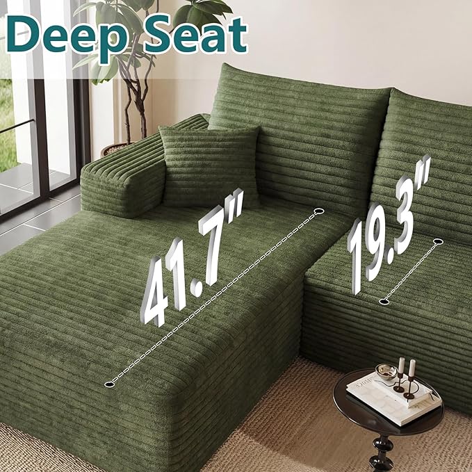 95" U-Shape Cloud Couch, Modern Modular Sectional L-Shape Sofa with Ottoman, Corduroy Upholstered Couches Deep Seat Sleeper Chaise Longue for Living Room, No Assembly Required(Green, Left Facing)