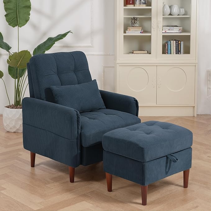Lumibee Accent Chair with Storage Ottoman, Upholstered Comfy Reading Chair with Adjustable Reclining Backrest, Corduroy Fabric Lounge Chair Armchair for Living Room Bedroom, Navy