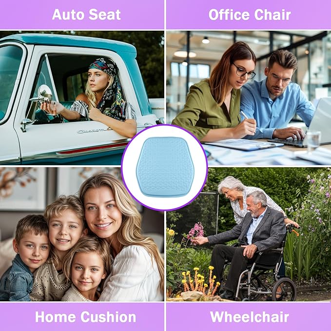 Binsheo Thin Gel Seat Cushion for Car Seat, Office Chair, Wheelchair, Golf Cart - Non-Slip Car Seat Cushions with 0.7 Inch Gel - Sciatica & Coccyx Pain Relief (Leather, Blue)