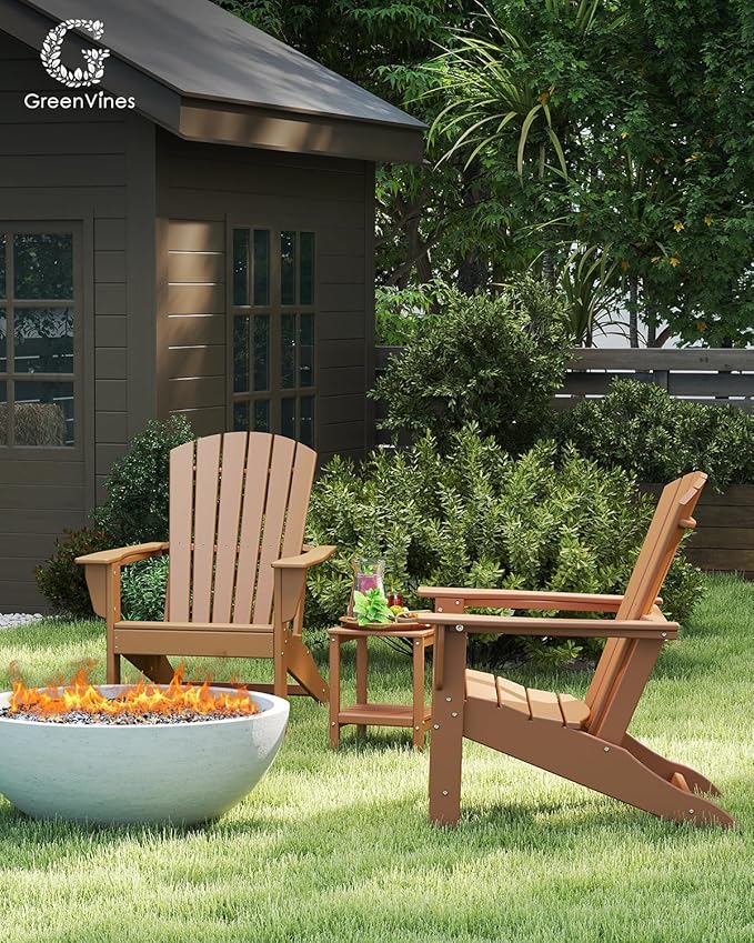 GREENVINES Adirondack Chair | HDPE Plastic | Oversized Fire Pit Chairs | All Weather | Teak | Poly Lumber | for Outdoor Deck Backyard Patio Garden
