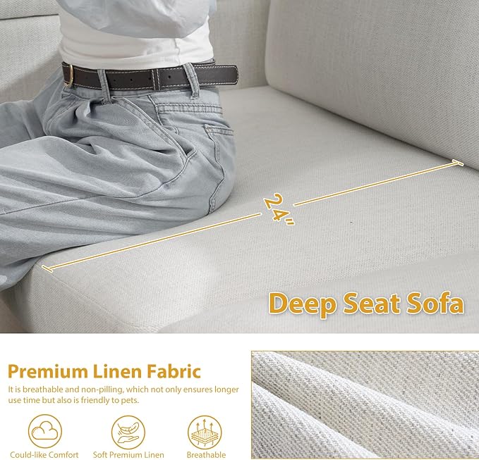 ELUCHANG Oversized Sofa Bed, Upholstered Chaise Lounge Comfy Sleeper Sofa with Soild Wood Frame, Deep Seat Sofa Couch for Living Room Bedroom Apartment, Linen, White