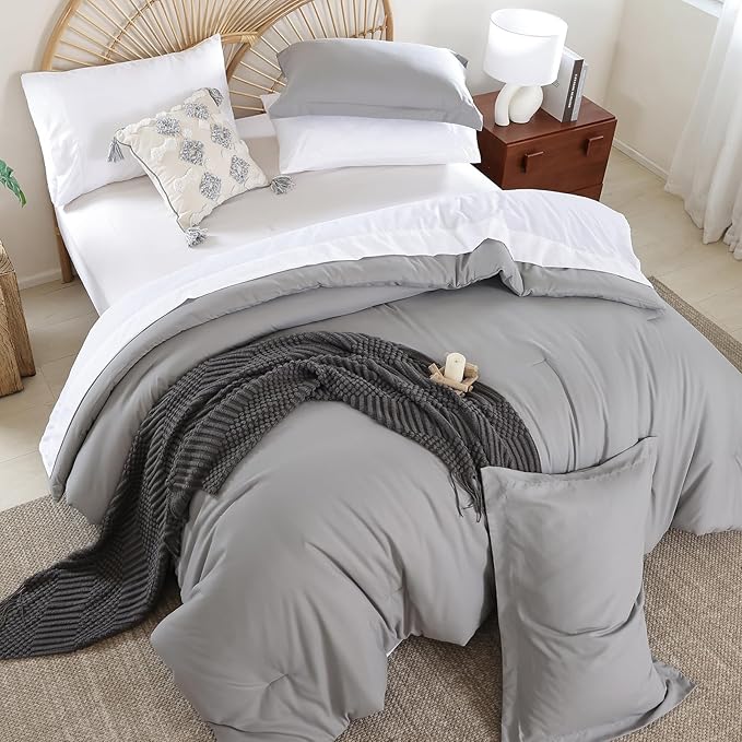 weigelia King Size Comforter Set 7 Pieces Grey Bed Comforter Set Bed in a Bag Solid Color Soft Microfiber King Bedding Set with Sheets Pillow Shams and Pillowcases
