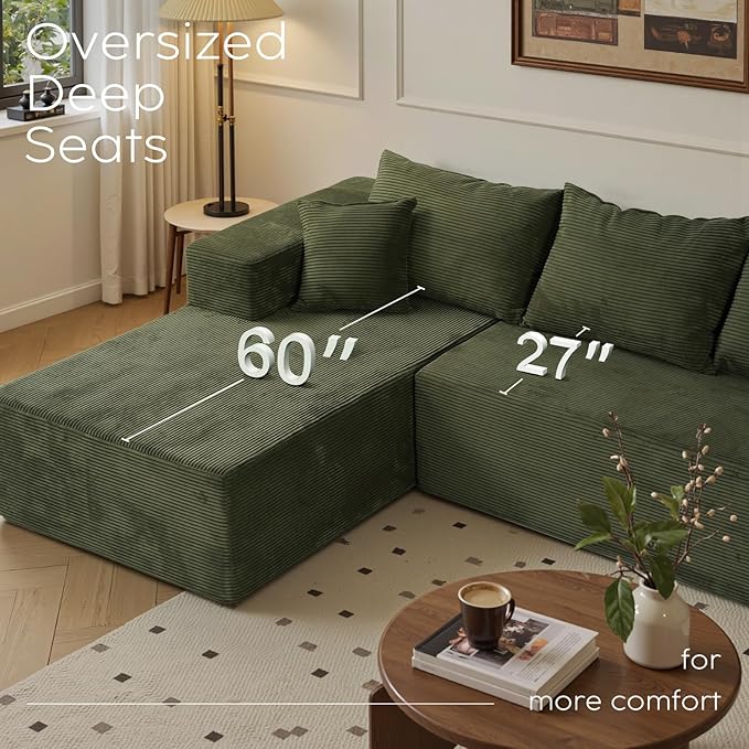Sectional Cloud Boneless Couch for Living Room Bedroom, Comfy Modern L Shaped Modular Sofa with Left Facing Chaise, Deep Seat Memory Foam Couch in Box, No Assembly (Fine Striped Corduroy, Green)