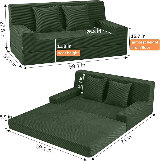 MeMoreCool Boneless Folding Sofa Bed, Corduroy Convertible Sleeper Chair, Foldable Foam Mattress Chair, Comfy Fold‑Out Futon Couch Bed, Large Floor Sofa Couch for Living‑Room Guest Dark Green