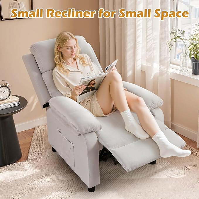 Recliner Chair, Living Room Chairs for Adults, Padded Deep Seat Reading Chair with Side Pockets, Small Recliners for Small Spaces, Lounge Chair for Living Room, Bedroom, and RV (Linen)