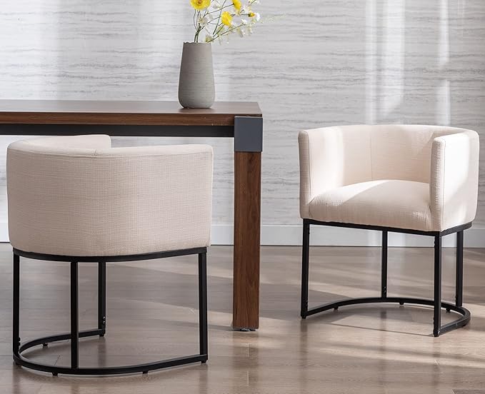 VESCASA Dining Chairs with Barrel Back, Modern Upholstered Padded Restaurant Chairs with Black Metal Frame for Kitchen, Dining Room, Set of 2, Linen Cream