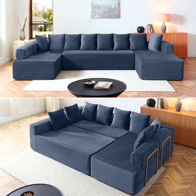 145" Oversized Cloud Boneless Sectional Sofa with Chaise, Corduroy U Shaped Modular Couch with Deep Seat, Fixed Frame Comfy Corner Sofa, No Assembly Required (Blue)