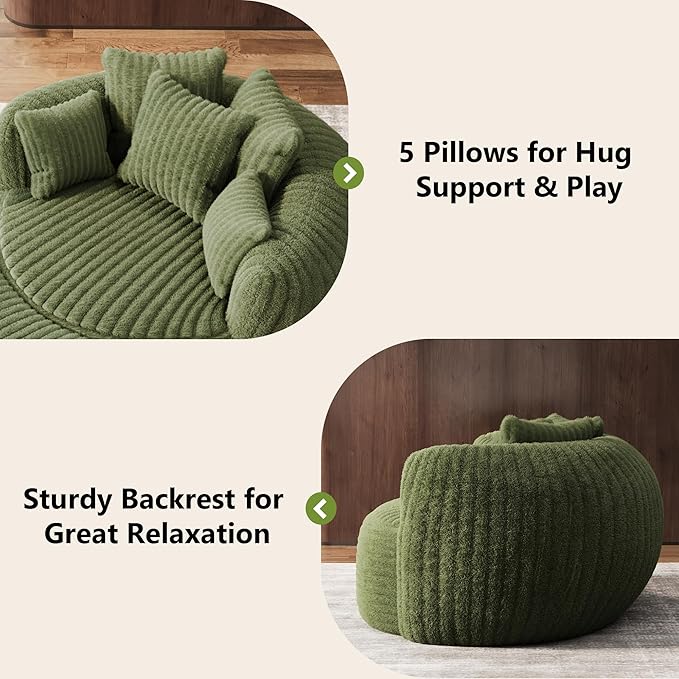 Oversized Chaise Lounge Chair Indoor with Ottoman 50.5" W x 67.0" D Round Soft Corduroy Comfy Oversized Reading Chair with 5 Pillows for Living, Reading Room - Olive Green