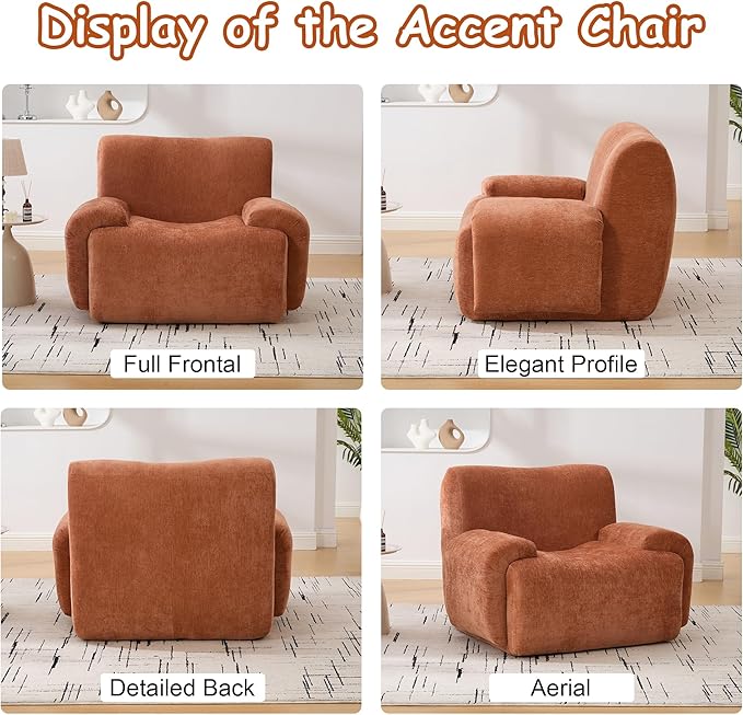 Boneless Chair, 42" W Oversized Single Sofa Chair for Living Room, Chenille Cloud Comfy Chairs, Foam Couch Armchair for Bedroom, Apartment, Office. Reading, No Assembly(Orange)