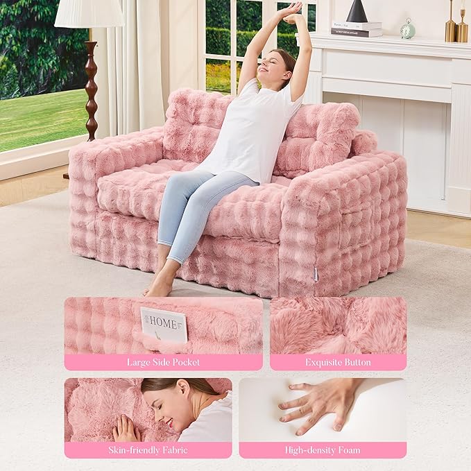 Hobestluk Sofa Couch Loveseat Sofa with Bubble Fabric 2-Seater Sofa for Small Spaces Comfortable Foam Floor Sofa 2 in 1 Boneless Couch for Living Room Bedroom Apartment or Office (Pink, Loveseat)