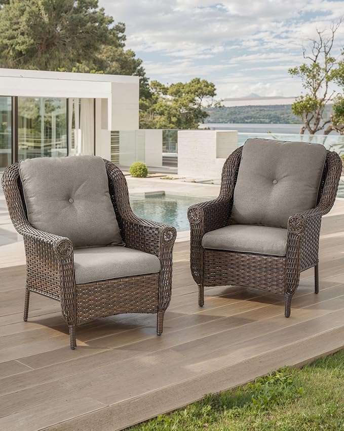 ACTREST Patio Wicker Chairs Outdoor Furniture Chair - Set of 2 Outside All Weather Lawn Dining Brown Rattan Armchair with High Back&Deep Seating for Deck Porch Balcony Backyard Garden - Grey