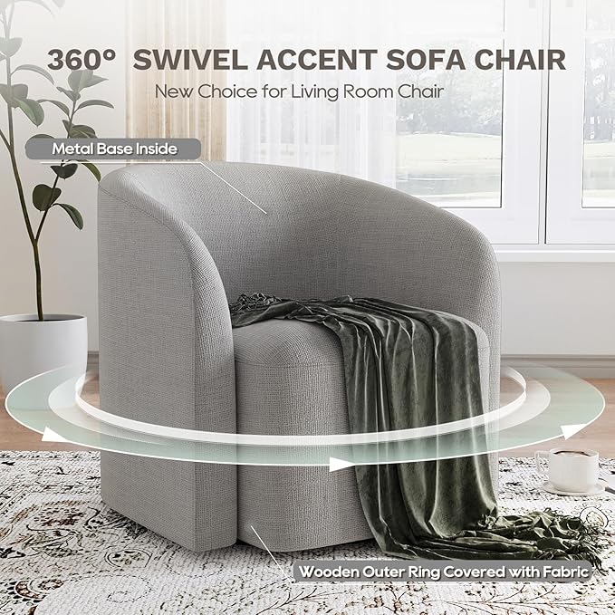 COLAMY Swivel Accent Chair, Barrel Chair with Armrest, Comfy Round 360°Mondern Armchair, for Living Room/Bedroom/Waiting Room, No Assembly, Gray