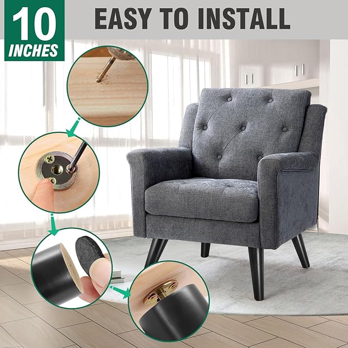 FoDau770 Black Rubber Wood Furniture Legs 10 Inches, Slant Tapered Wood Feet Mid Century Sofa Legs Set of 4, 5/16" UNC Furniture Feet Replacement Parts for Cabinet Couch Dresser Chair Ottoman Table