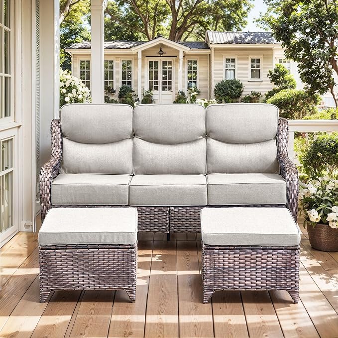 HUMMUH 10 Pieces Outdoor Furniture Set with Fire Pit 6-inch Cushions High Back Patio Furniture Set Wicker Swivel Rocker Chairs Sofa for Porch,Deck,Backyard