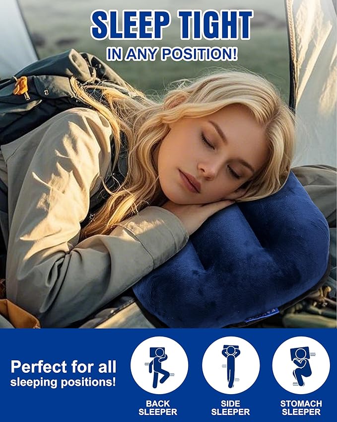 Kampair Ultralight Inflatable Camping Pillow for Sleeping – Soft Velvet Cover, Compact & Portable, Ergonomic Neck Support, Machine Washable Air Pillow, Perfect for Travel, Hiking, Backpacking – Blue