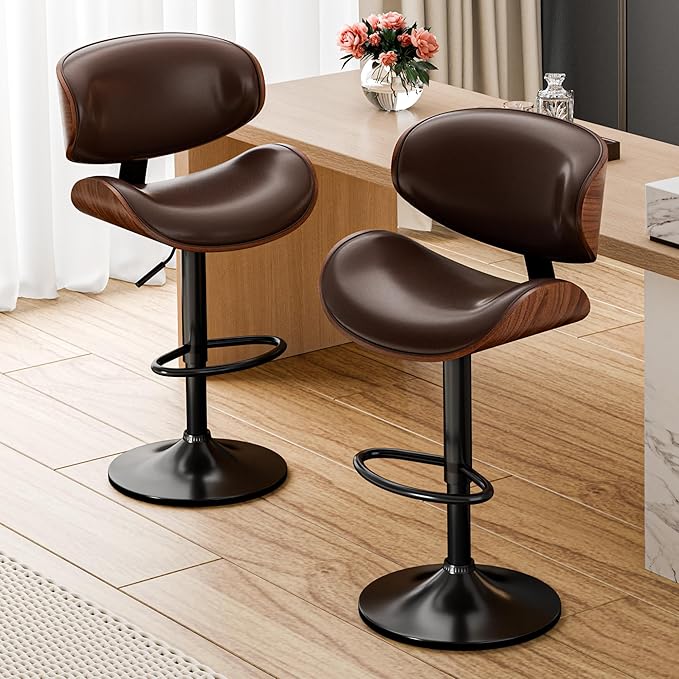Aowos Bar Stools Set of 3, Adjustable Swivel Barstools Mid-Century Modern PU Leather Counter Height Bar Stool, Kitchen Island Barstools with Back (Brown)