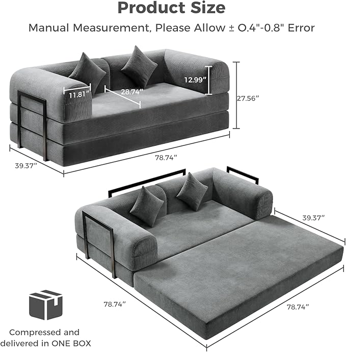 HipyMo 4-in-1 Folding Convertible Sofa Bed, 78 Inch Boneless Couch with Fixed-Shape Frame, Loveseat Sleeper with Pull Out Bed, Floor Sofa Modular Futon Couch for Living Room Bedroom Lounge (Gray)
