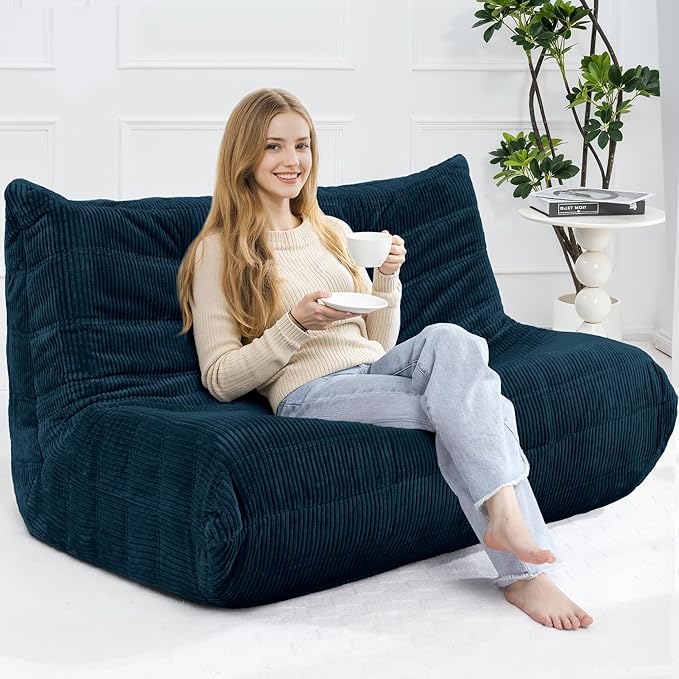 Bean Bag Chair,Giant Beanbag Chairs for Adults,Comfy Large Fireside Chair Lazy Sofa,Corduroy Bean Bag Lounger with Memory Foam Filled,Floor Sofa Couch for Living Room (Navy Blue, Loveseat)