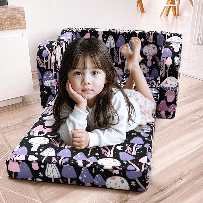 MeMoreCool Toddler Couch Chair – Foldable Kids Sofa for Ages 1–3, Fold-Out Bed with Side Pocket, Comfy & Washable Detachable Cover | Cute Patterns | Lightweight Lounger for Playroom, Naptime, Gifting