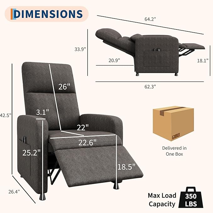 GarveeHome Power Recliner Chair, Adjustable Electric Recliner Ergonomic Overstuffed Single Sofa, Tall Back, Padded Seat, 2 Side Pockets and USB Port, Home Theater Seating for Living Room