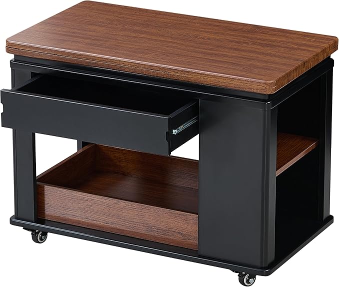 27.6" Modern Multi-Function Coffee Table with Foldable Top & Casters,Side Table with Multi-Tier Storage,Black & Walnut