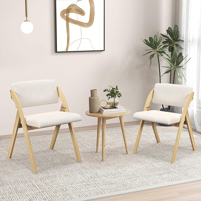 GOFLAME Folding Dining Chairs Set of 2, Upholstered Kitchen Chairs with Padded Seat & Backrest, Modern Side Chairs with Rubber Wood Legs for Home Office Events, Wedding, No Assembly Needed, Natural