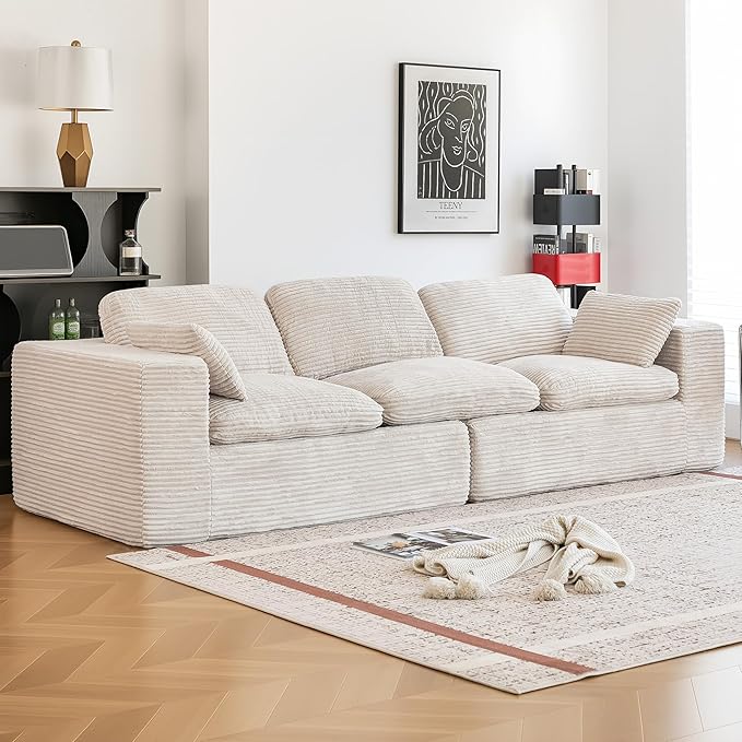 Esright 110" Oversized Sofa for Living Room, Cloud Boneless Couch with Fluffy Seat Cushions, 3 Seater Upholstered Floor Sofa, No Assembly Required, Beige