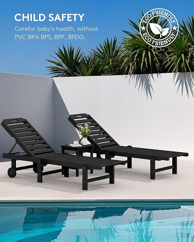 SERWALL Patio Lounge Chair Set of 2, HDPE Outdoor Lounger with Cup Holder, 5 Positions Adjustable Pool Lounger with Rolling Wheels for Poolside, Black