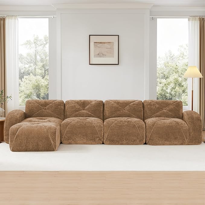Modular Sectional Sofa with Free Combination,Oversized Boneless Floor Couch for Living Room & Lounge,Velvet 4-Seater Sectional Couch with Ottoman,No Assembly Needed