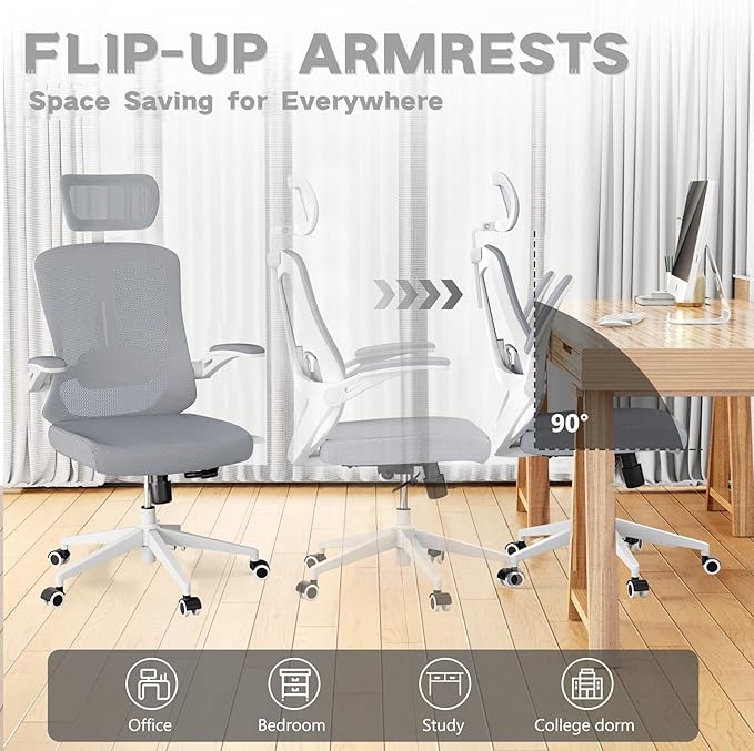 Ergonomic Office Chair - 400LB Comfy Desk Chairs with Adjustable Headrest and Lumbar Back Support, Mesh Computer Chairs with Wheels and Arms for Home Office, Study (Gray-with Headrest)