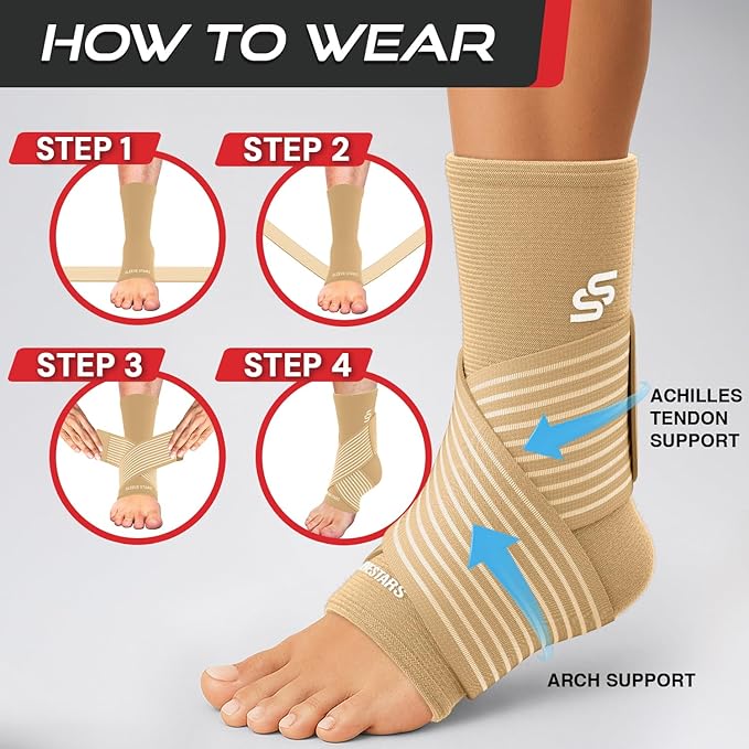 Sleeve Stars Ankle Brace for Women & Men, Ankle Wrap for Sprained Ankle, Compression Sleeve for Plantar Fasciitis Relief, Easy Customizable Support: w/Removable Strap (Single/M:10"-12"/Beige)