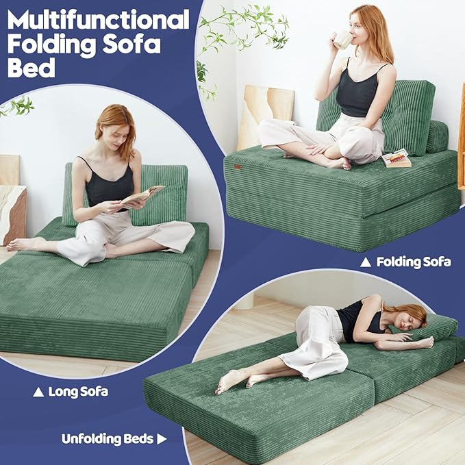Upgraded Foldable Lazy Sofa Bed,Sofa Cama Barato Featuring a Large Backrest and Pillows,Chair Sleeper Bed for Living Room、 Bedroom 、Balcony 、Hotel、 Apartment,Twin Size,Emerald Green