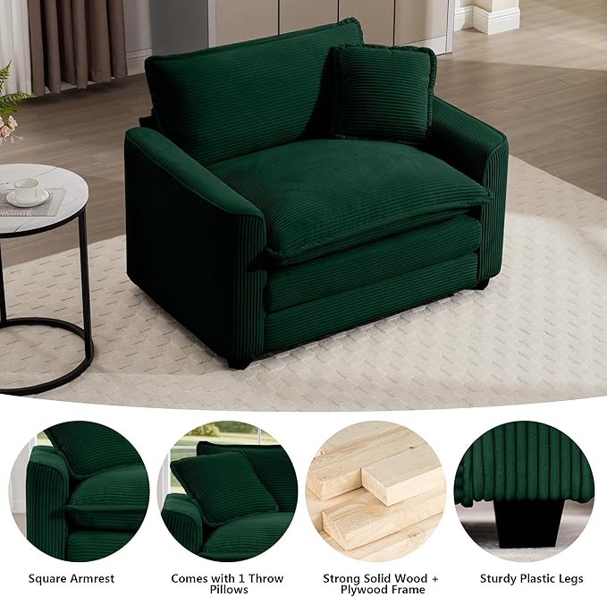 Aoowow Corduroy Large Armchair,Modern Oversized Single Sofa Chair with Throw Pillow,Deep Single Seat Cloud Sofas Couches for Living Room,Tufted Oversized Accent Arm Chair (Green, Sofa Chair)